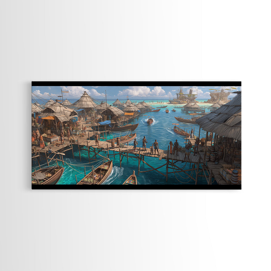 Tropical Stilt Village Wall Art, African Coastal Harbor, Fishing Boats, Teal Water Decor, Safari Travel Canvas Print, Unique Home Decor