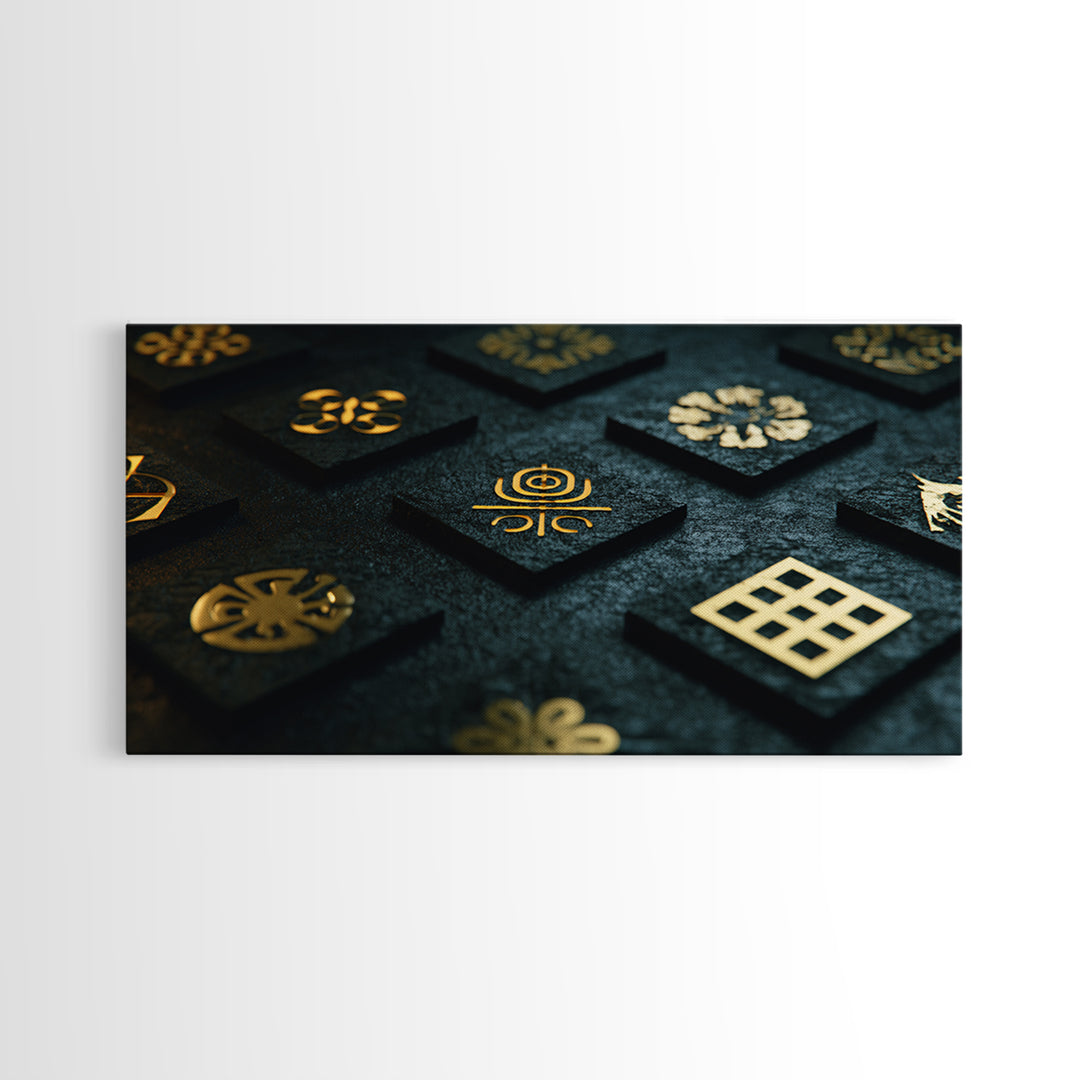 Gold Adinkra Symbols Wall Art, African Patterns Decor, Black And Gold Design, Spiritual Cultural Art, Framed Canvas Print