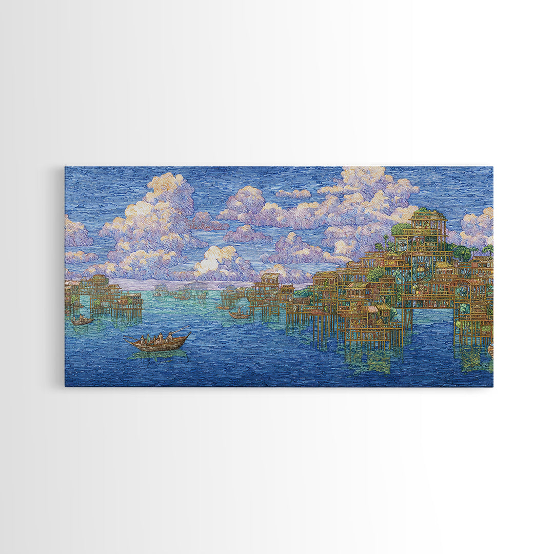 Ocean Stilt Village Wall Art, Blue Coastal Landscape, African Inspired Fishing Boats, Dreamy Clouds, Premium Canvas Print
