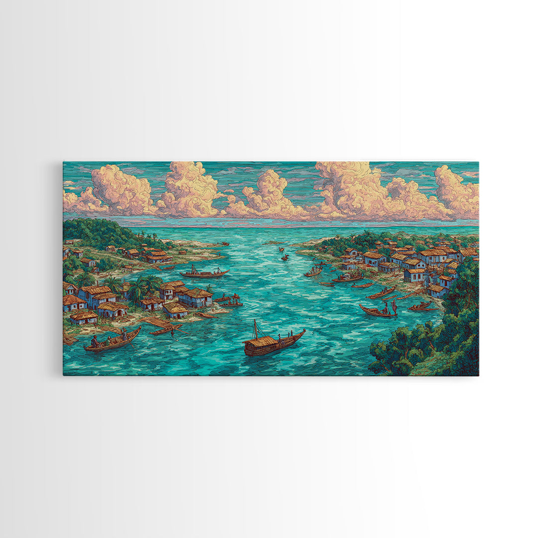 Turquoise Island Fishing Village Wall Art, African Coastal Landscape, Teal Water Decor, Nature Scene Art, Canvas Print Gift