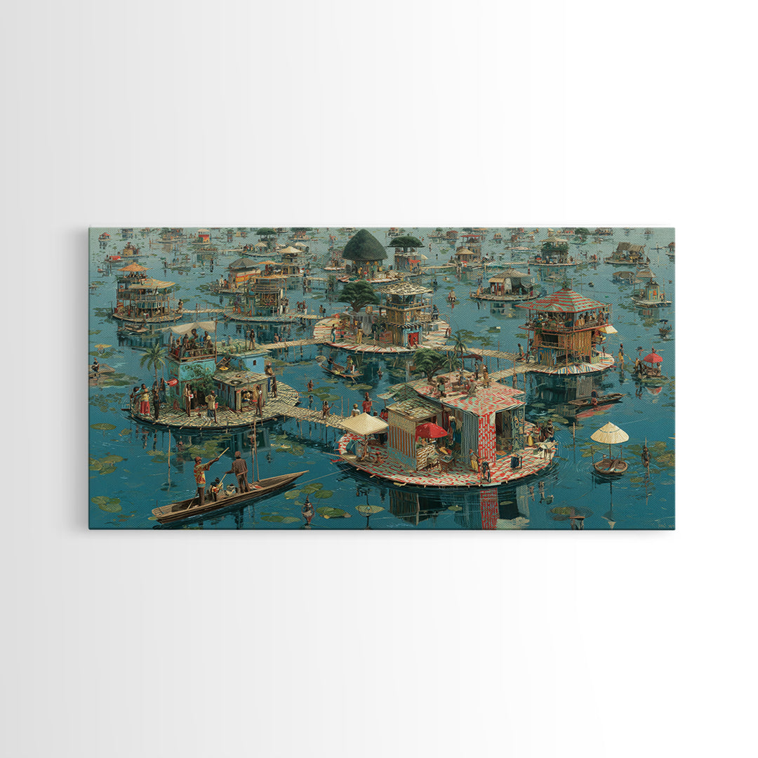 Floating Wetland Village Wall Art, African Water Landscape, Round Island Homes, Boho Coastal Decor, Unique Canvas Print Gift