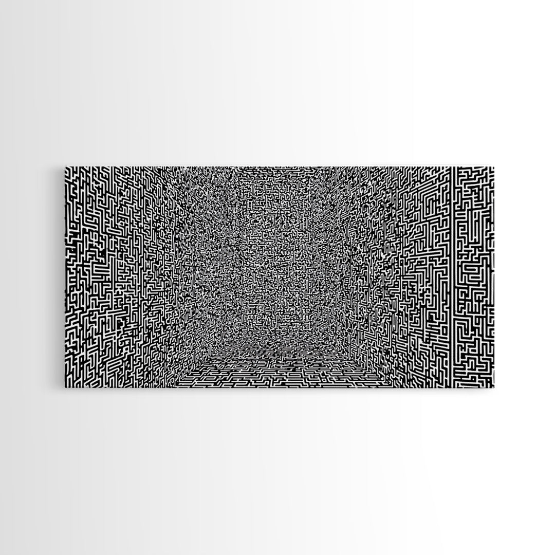 Black And White Optical Maze Room Wall Art, Abstract Geometric Pattern Print, Modern Minimalist Office Decor, Bold Canvas