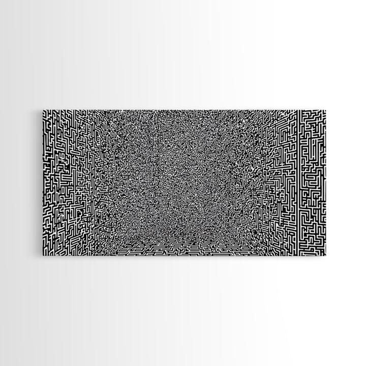 Black And White Optical Maze Room Wall Art, Abstract Geometric Pattern Print, Modern Minimalist Office Decor, Bold Canvas