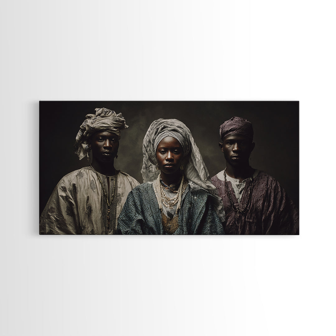 Regal African Trio Portrait Framed Canvas Print, Traditional Headwraps, Afrocentric Wall Decor, Black Culture Portrait Art Gift