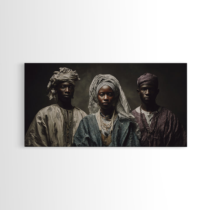 Regal African Trio Portrait Framed Canvas Print, Traditional Headwraps, Afrocentric Wall Decor, Black Culture Portrait Art Gift