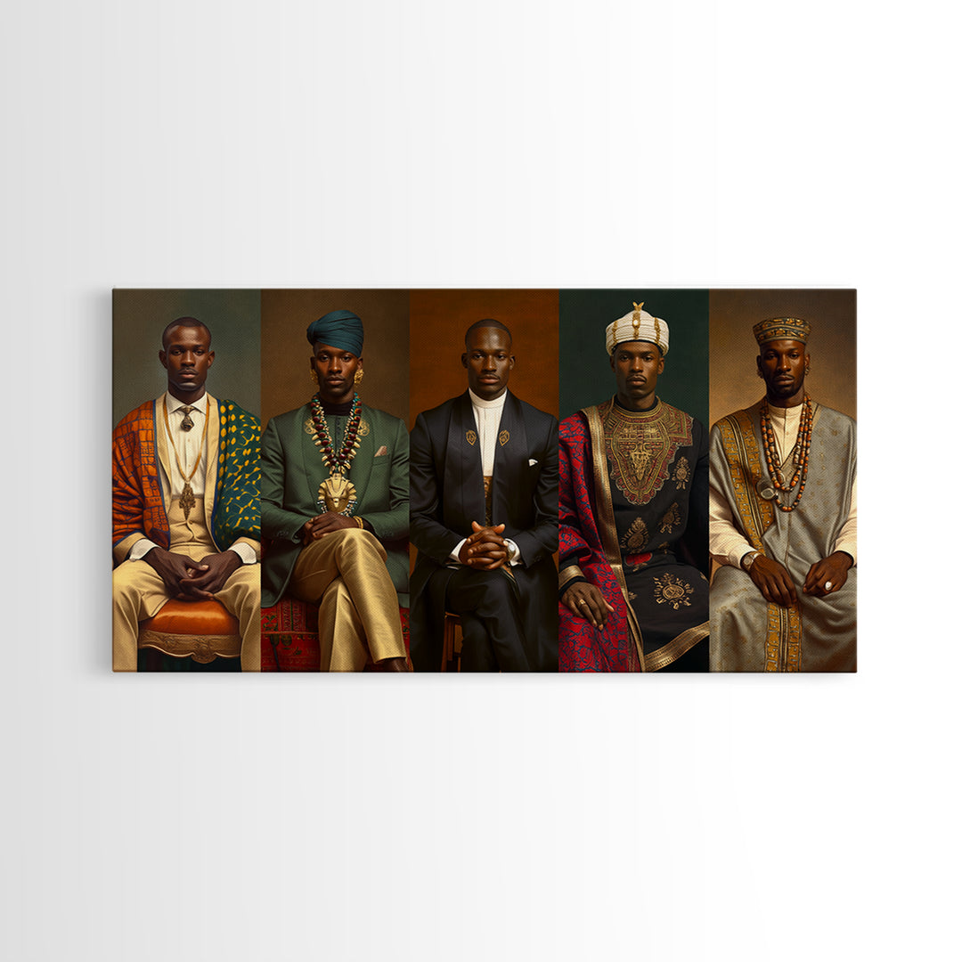 Five Regal African Kings Framed Canvas Print, Royal Portrait Wall Art, Black Men Cultural Decor, Afrocentric Home Decor Gift