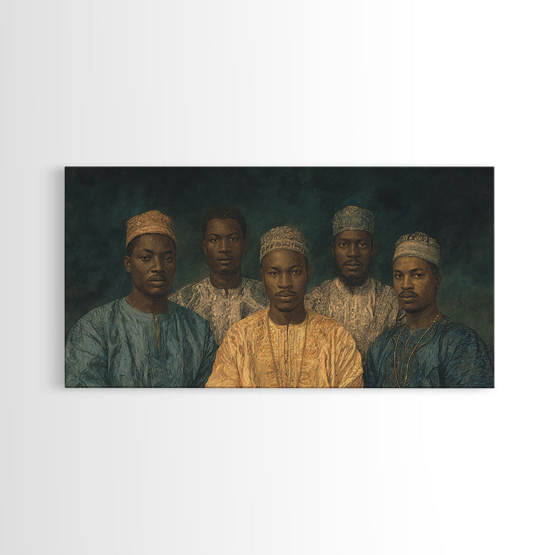 Five African Men In Gold Caps Framed Canvas Print, Textured Royal Portrait Wall Art, Blue Earth Tone Cultural Decor Gift