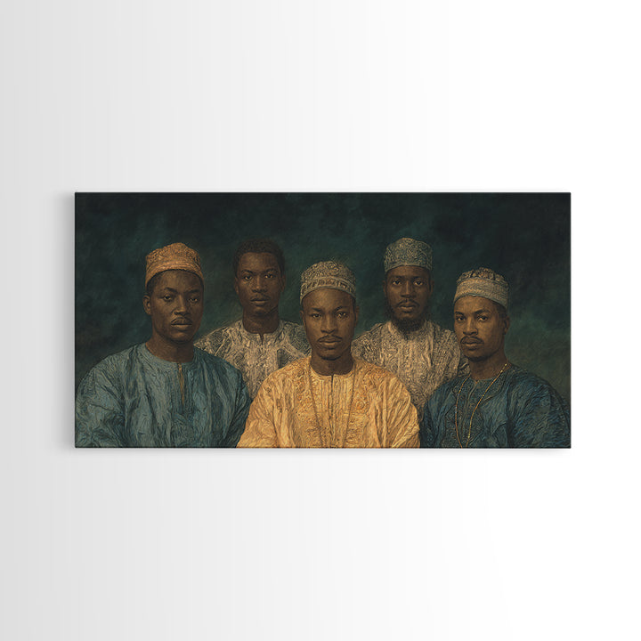Five African Men In Gold Caps Framed Canvas Print, Textured Royal Portrait Wall Art, Blue Earth Tone Cultural Decor Gift