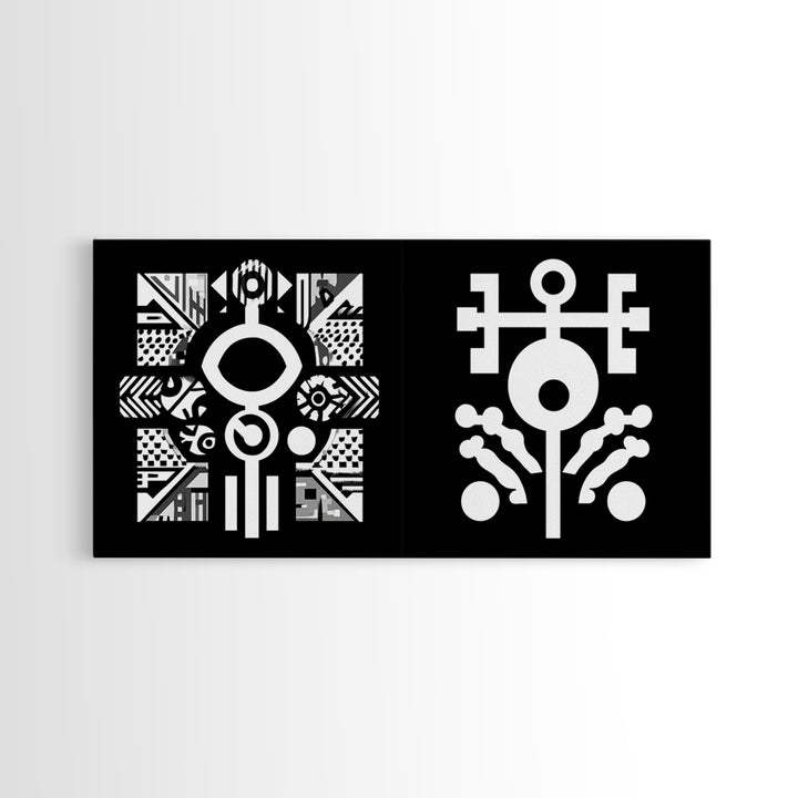 Black And White Adinkra Symbol Wall Art, African Tribal Abstract Canvas Print, Geometric Spiritual Decor, Bold Pattern Gift