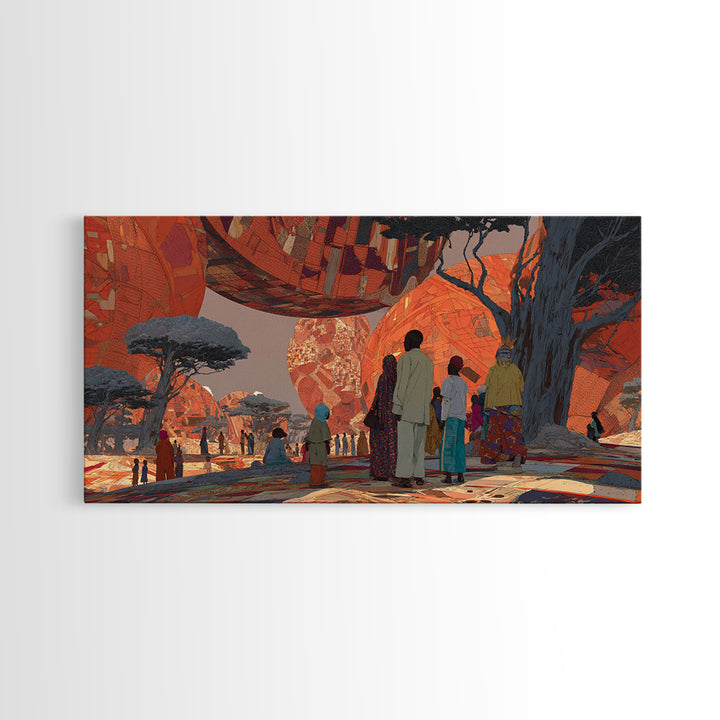 Futuristic Orange Baobab Village Wall Art, African Landscape Canvas Print, Afrocentric Safari Decor, Dreamy Cultural Artwork
