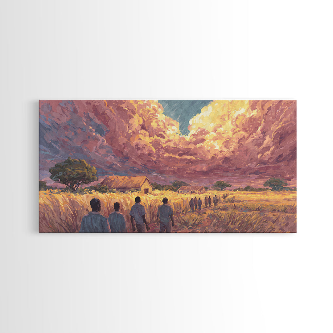 African Village Sunset Walk Wall Art, Rural Landscape Painting, Motherland Decor, African Safari Art, Boho Home Decor Gift