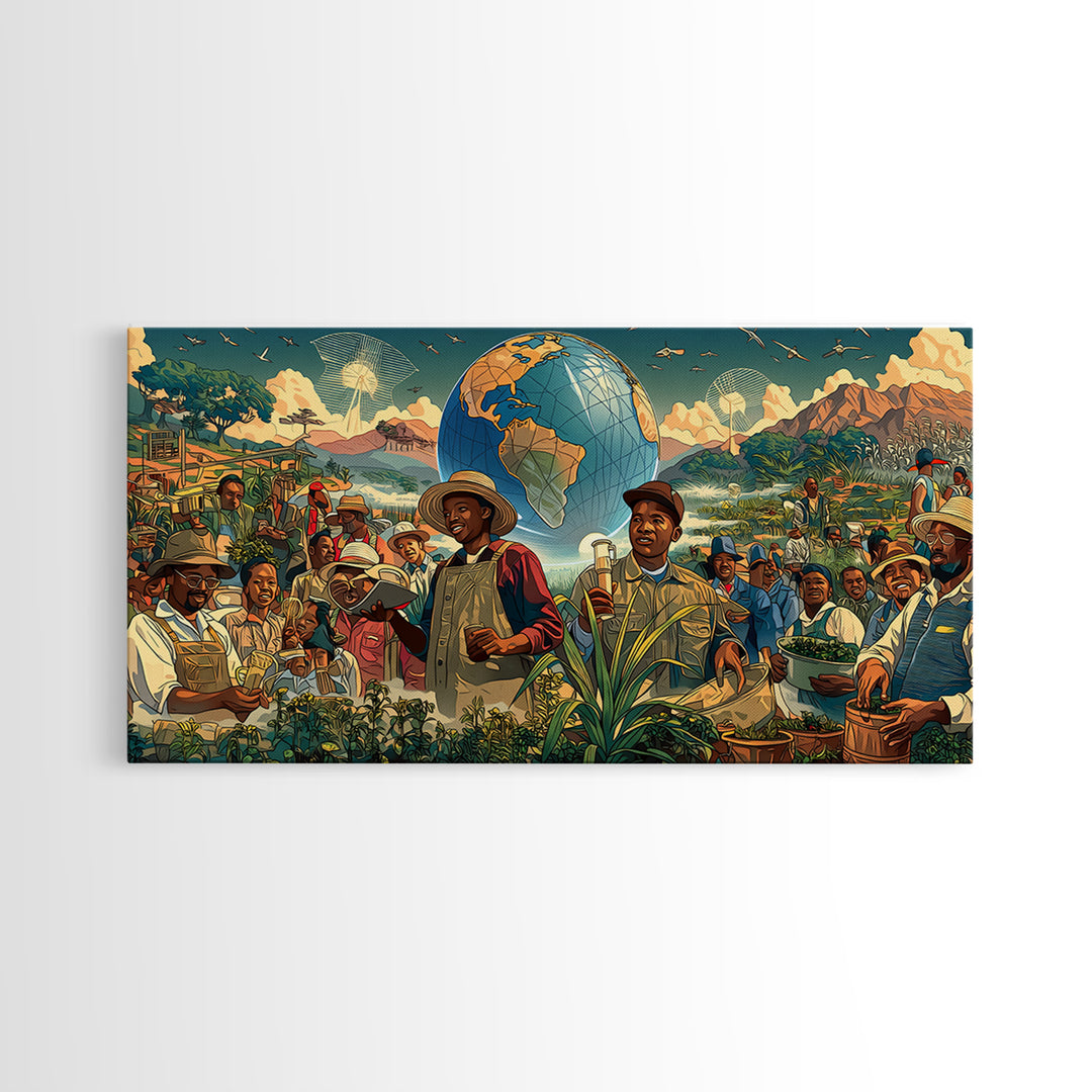 Joyful African Farmers And Floating Globe Wall Art, Afrofuturism Decor, Cultural Art Print, Colorful Africa Poster Print