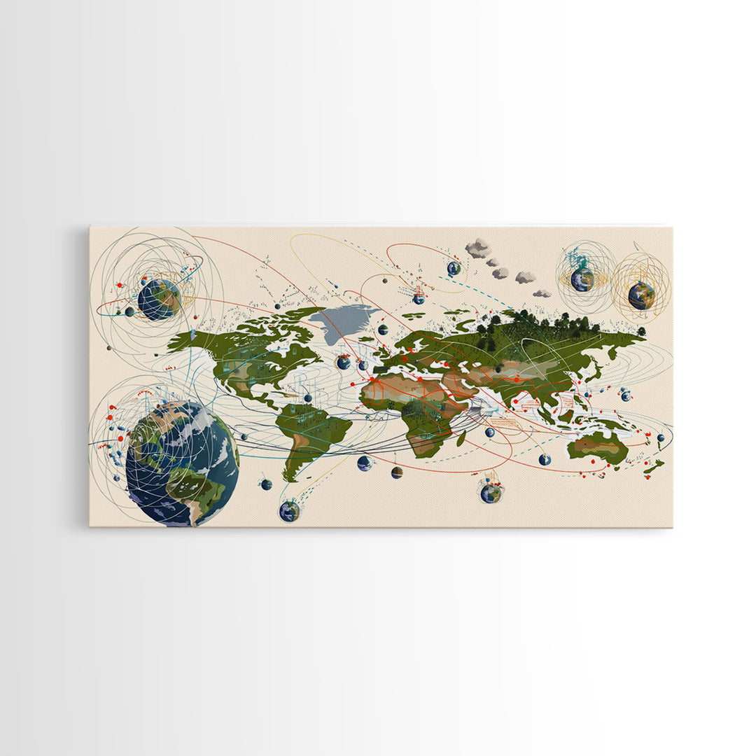 Global Network Map With Africa Orbitals Wall Art, Digital World Map Art, Modern Office Decor, Futuristic Abstract Art Print