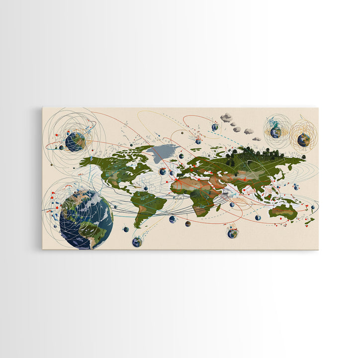Global Network Map With Africa Orbitals Wall Art, Digital World Map Art, Modern Office Decor, Futuristic Abstract Art Print