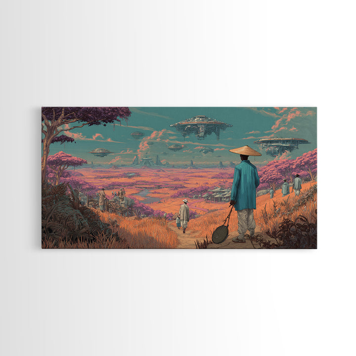 Afrofuturist Traveler In Pink Alien Savannah Canvas Print, African Sci Fi Wall Art, Dreamy Landscape, Unique Home Decor