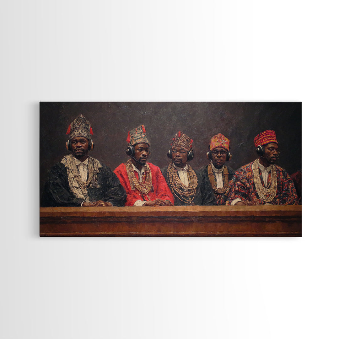 Traditional African Tribunal With Ornate Hats Wall Art, Tribal Queen Art, Cultural Portrait, Black History Gift, Bold Decor