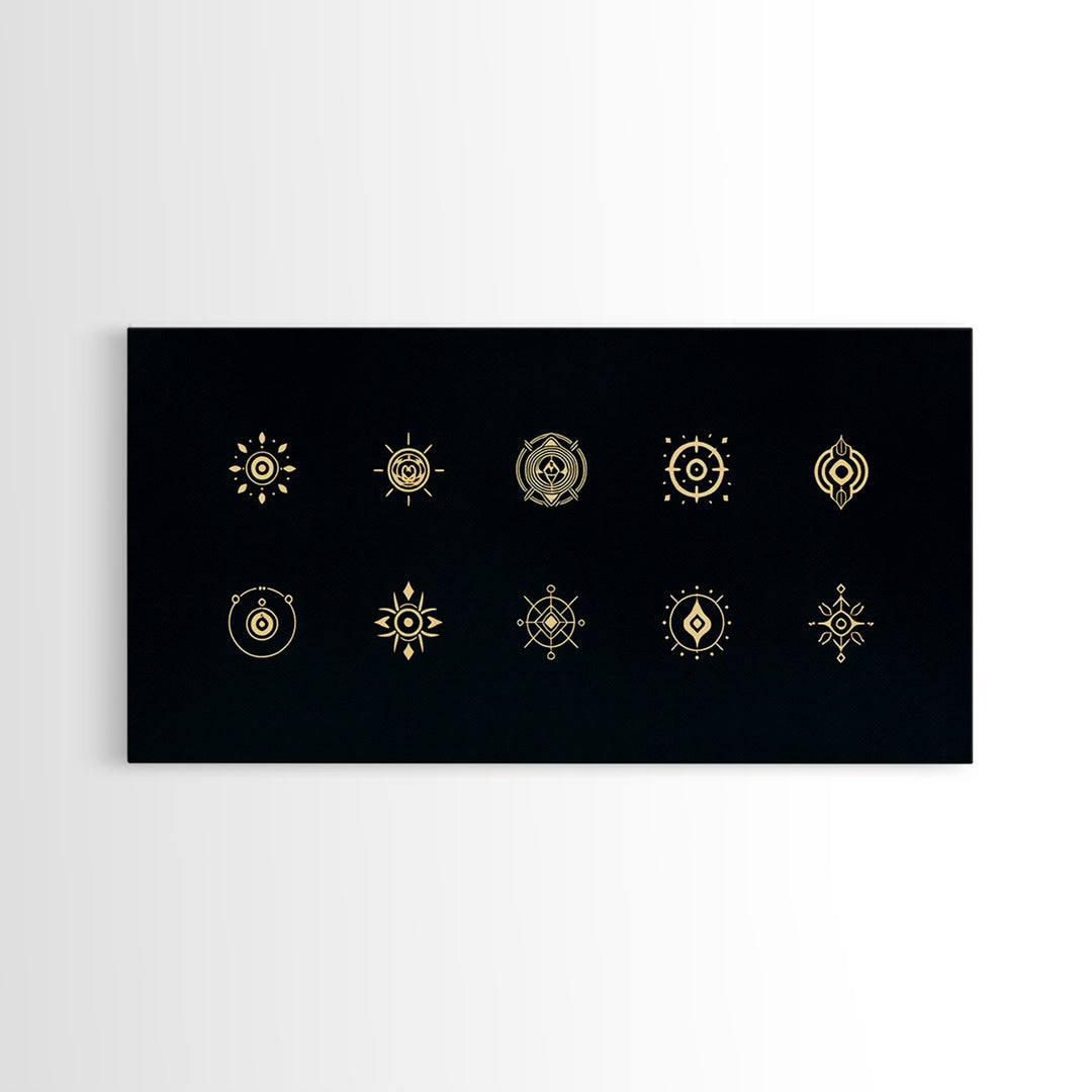 Gold African Tribal Sun Symbols On Black Canvas Print, Minimalist Afrocentric Wall Art, Spiritual Decor, Ethnic Pattern Art