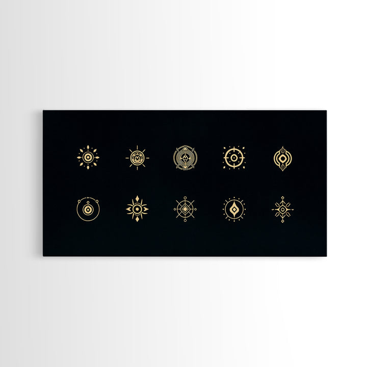 Gold African Tribal Sun Symbols On Black Canvas Print, Minimalist Afrocentric Wall Art, Spiritual Decor, Ethnic Pattern Art