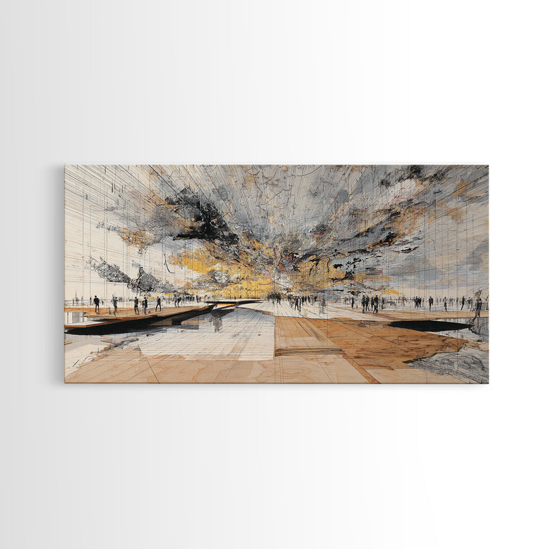 Stormy Urban Horizon Wall Art, Abstract African Inspired Cityscape Canvas Print, Modern Office Decor For Living Room Decor