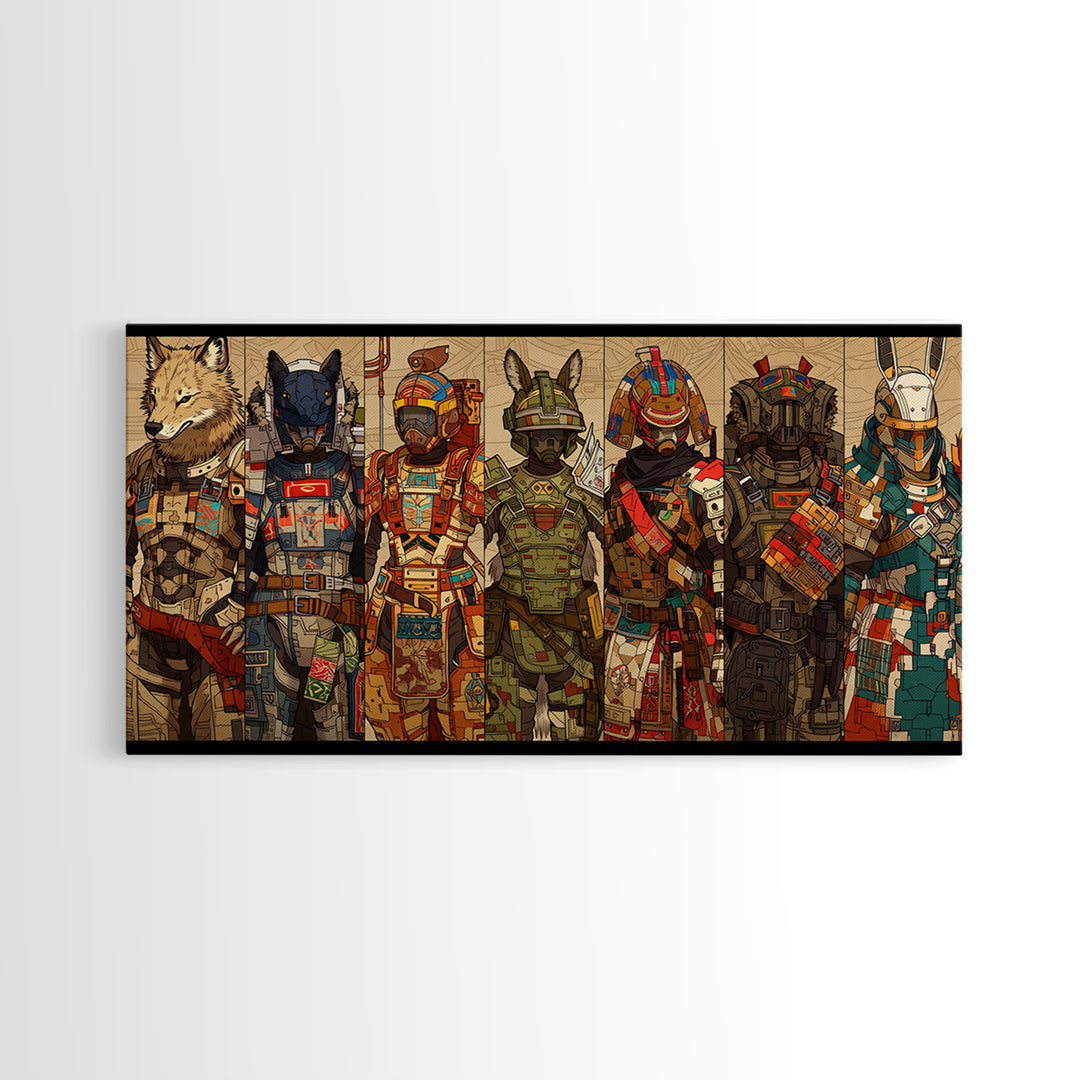 Cyber Animal Warriors Wall Art, Afrofuturism Canvas Print, African Tribal Art, Bold Gaming Room Decor For Collectors Gift