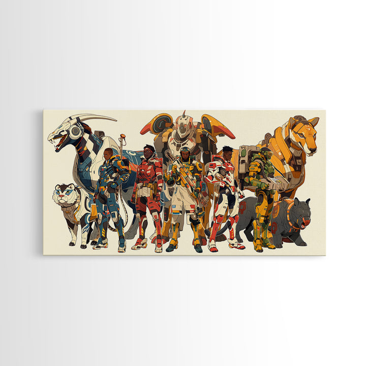 Futuristic African Riders Wall Art, Afrofuturism Canvas Print, Animal Warrior Art Decor For Kids Gaming Room Gallery Decor