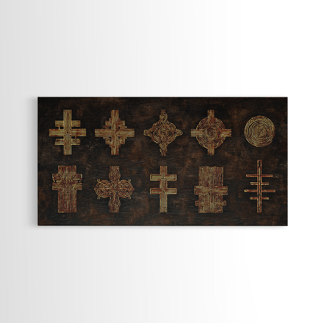 Gold Tribal Cross Symbols On Dark Texture Wall Art, African Patterns, Abstract African Art, Cultural Wall Decor, Modern Canvas