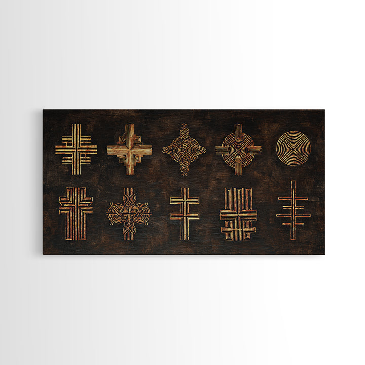 Gold Tribal Cross Symbols On Dark Texture Wall Art, African Patterns, Abstract African Art, Cultural Wall Decor, Modern Canvas