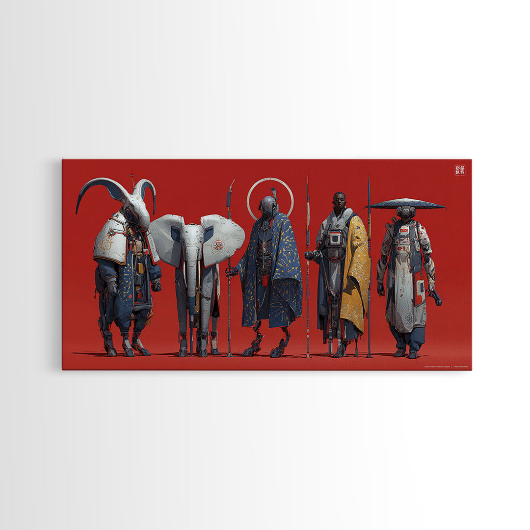 Afrofuturist Warriors With White Elephant Framed Canvas Print, African Warrior Art, Afrocentric Wall Art, Bold Home Decor