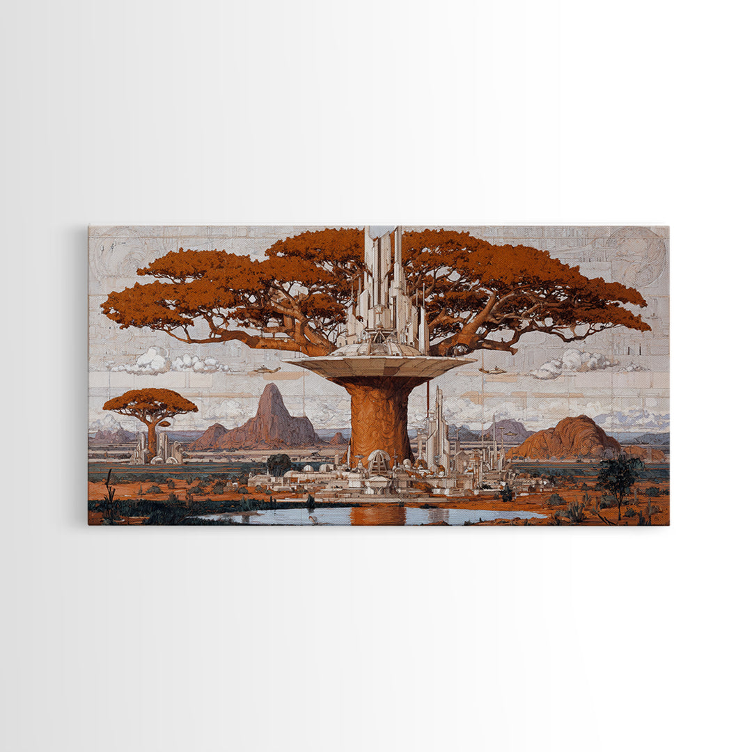 Sepia Baobab Tree Megacity In African Landscape Wall Art, African Tree, African Safari Art, Earth Tone Wall Art, Home Decor