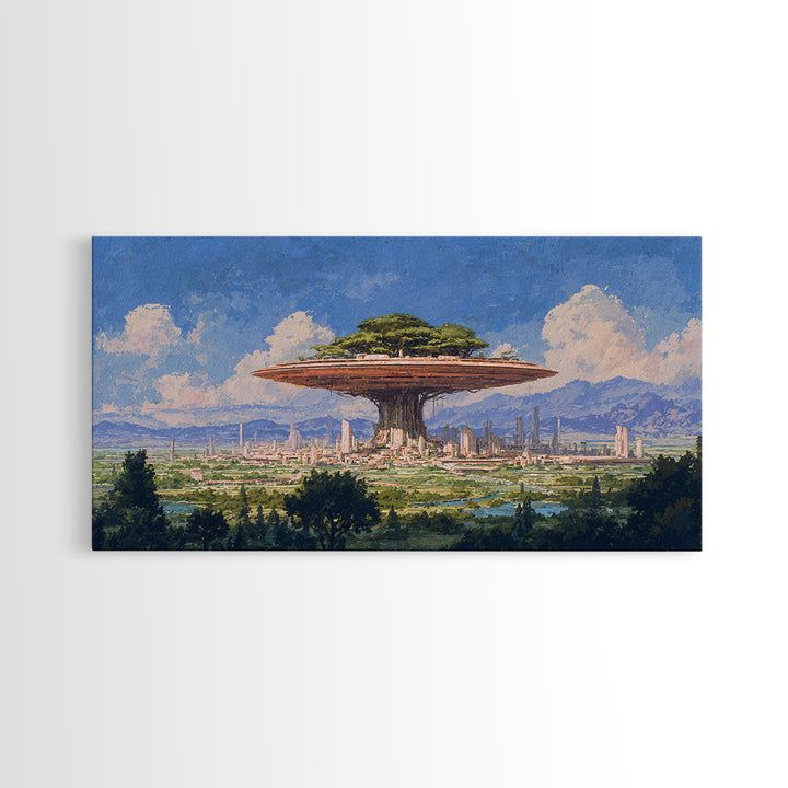 Floating Acacia Tree City Under Blue Sky Canvas Print, African Landscape, Modern Canvas Art, Serengeti Wall Art, Unique Home Decor