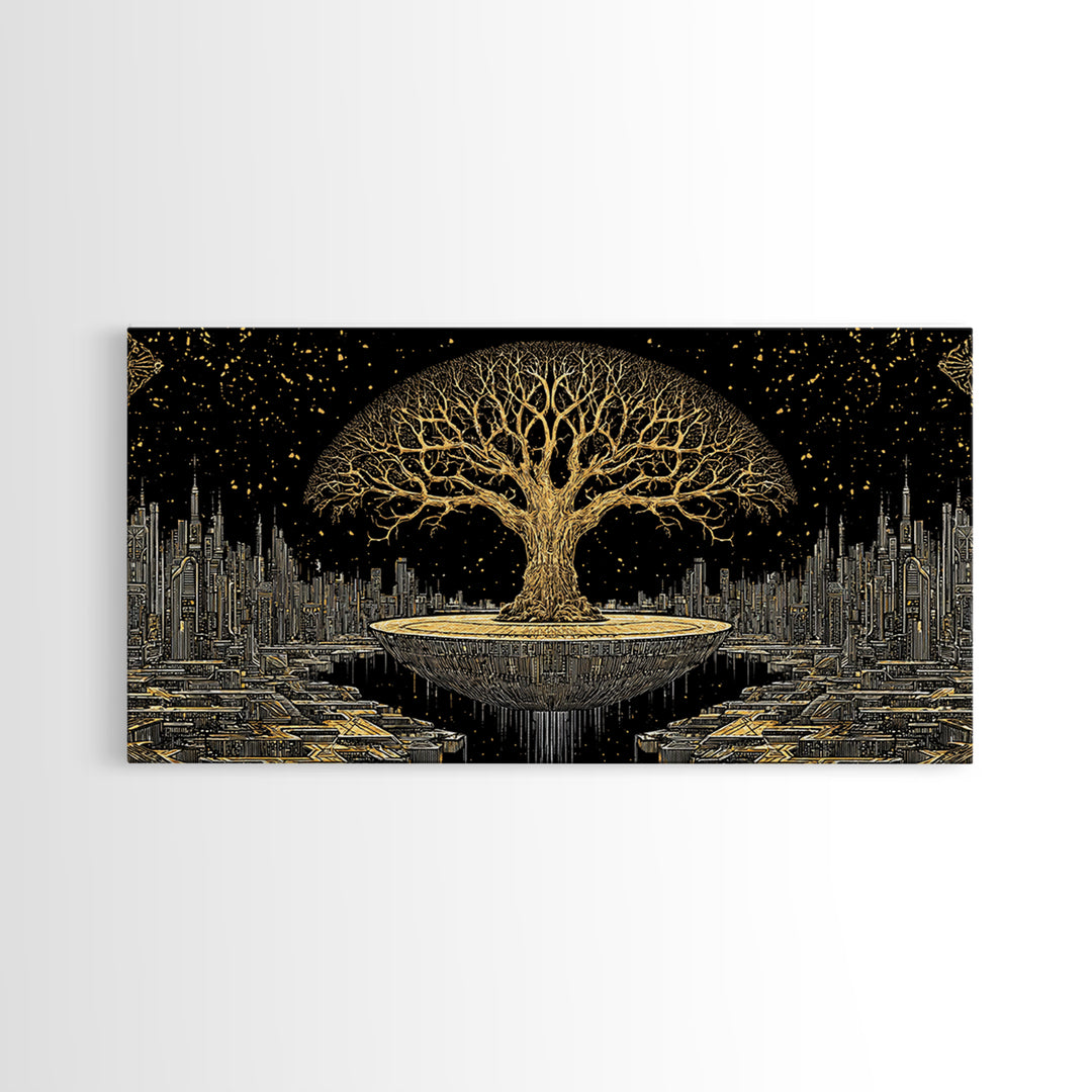 Golden Tree Of Life Over Futuristic City Wall Art, Black And Gold Art, Spiritual Wall Art, African Inspired, Statement Decor