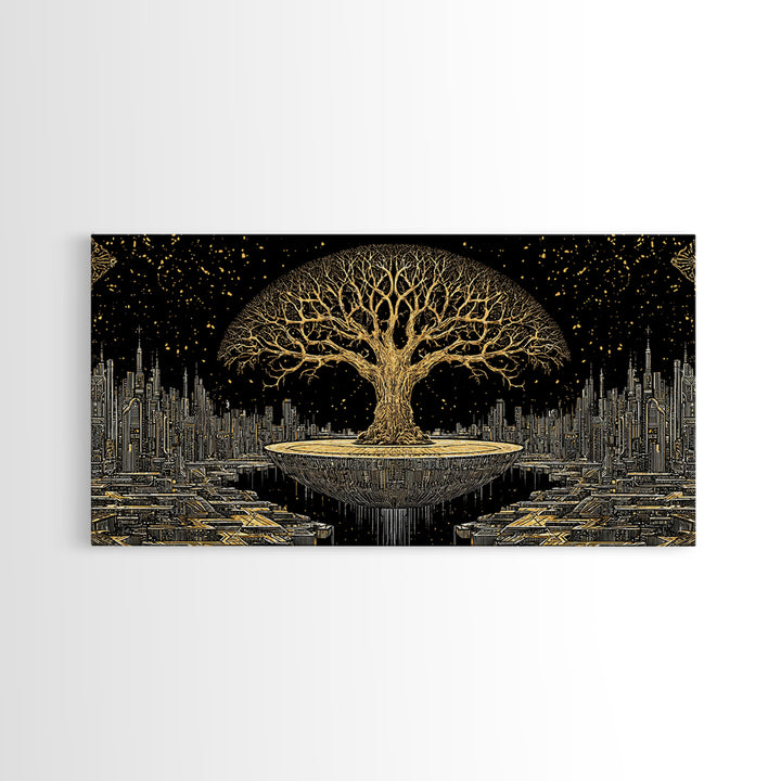 Golden Tree Of Life Over Futuristic City Wall Art, Black And Gold Art, Spiritual Wall Art, African Inspired, Statement Decor