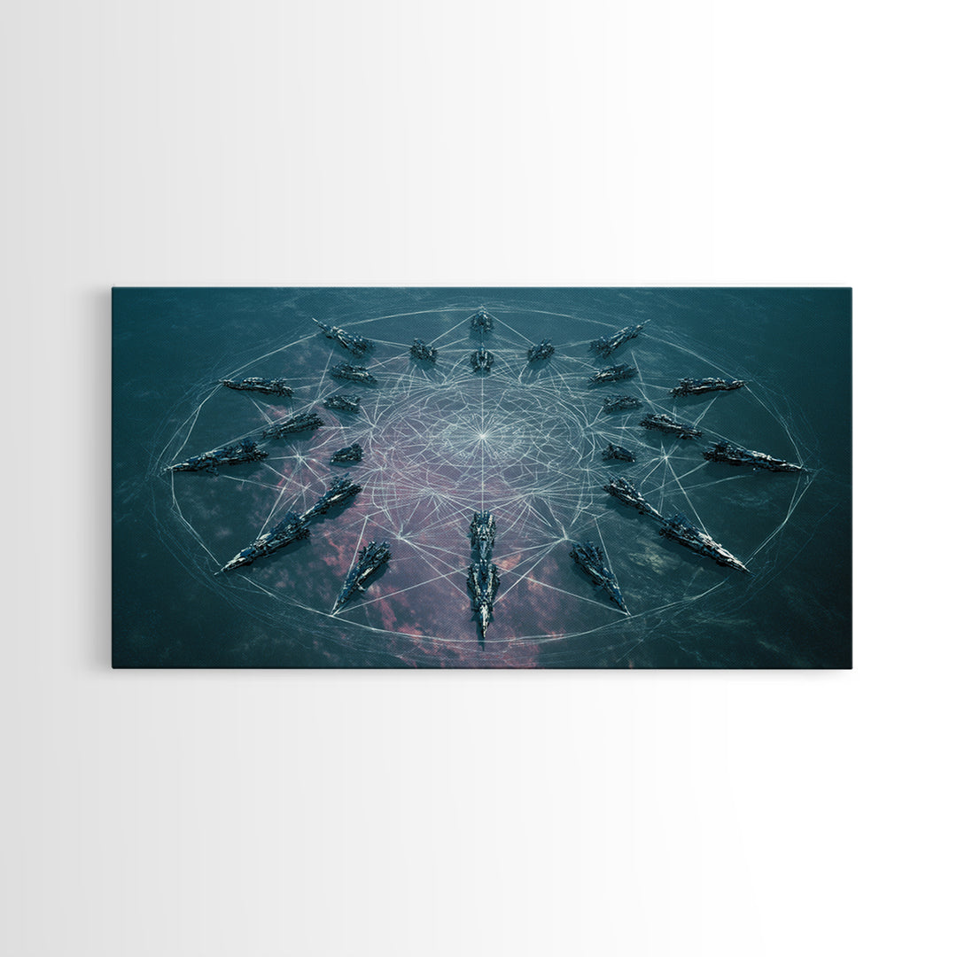 Sci Fi Naval Fleet In Circular Formation Canvas Print, Digital Art, Modern Wall Art, Teal Statement Wall Decor, Unique Gift