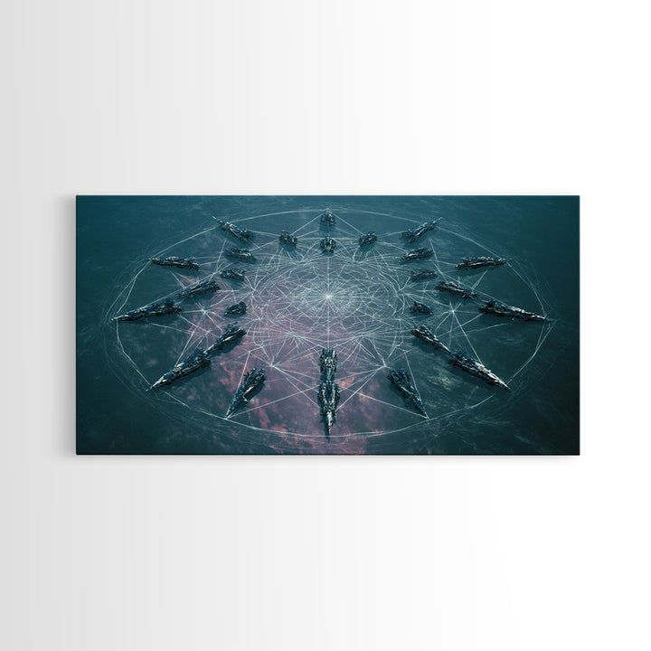 Sci Fi Naval Fleet In Circular Formation Canvas Print, Digital Art, Modern Wall Art, Teal Statement Wall Decor, Unique Gift