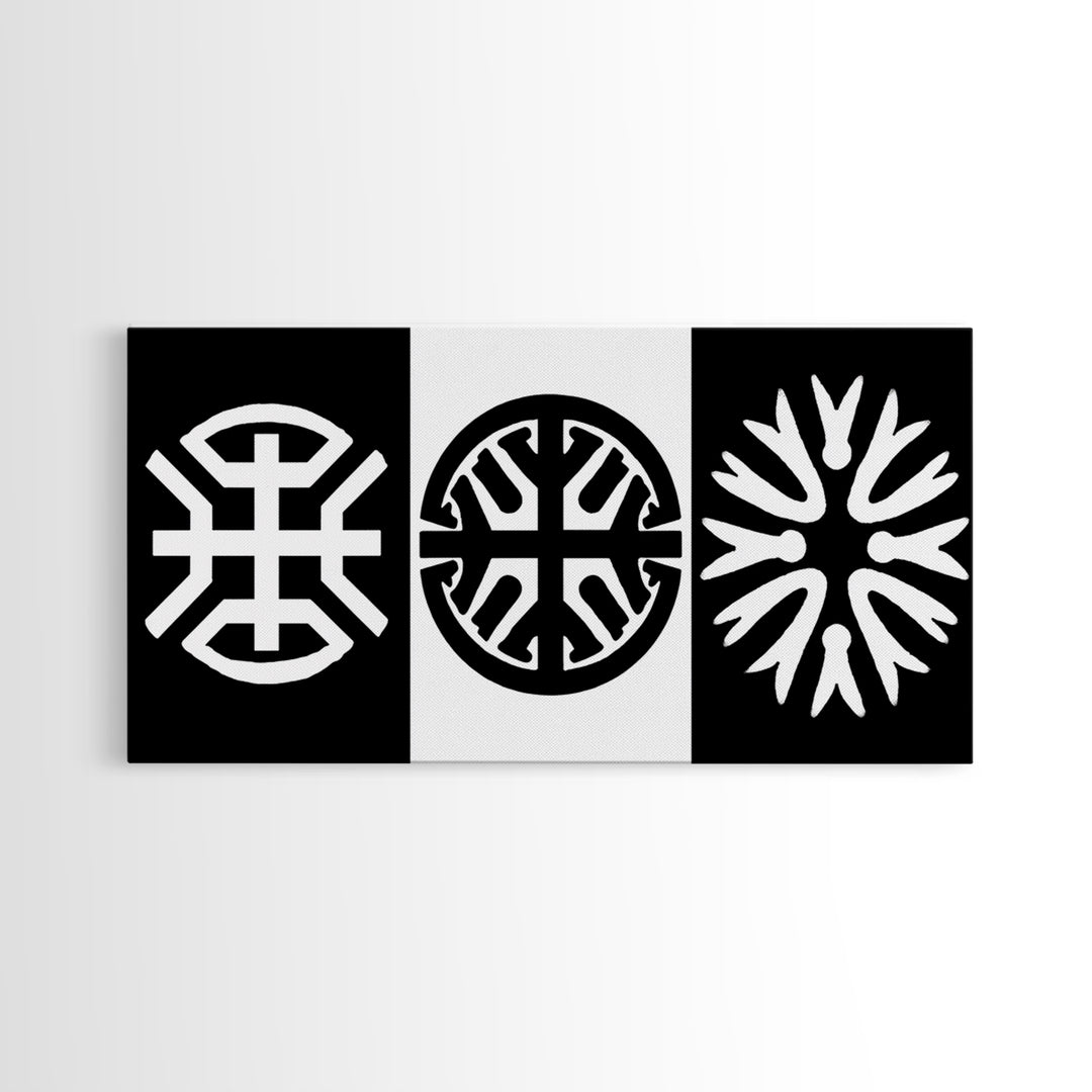 Black White Tribal Symbols Framed Canvas Print, Geometric Abstract Wall Art, African Inspired Decor, Minimalist Office Art