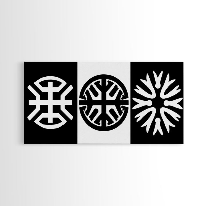 Black White Tribal Symbols Framed Canvas Print, Geometric Abstract Wall Art, African Inspired Decor, Minimalist Office Art