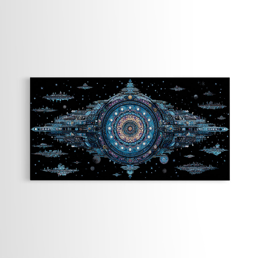Ornate Cosmic Space Station Canvas Print, Blue Sci Fi Mandala Wall Art, Futuristic Digital Art, Modern Office Decor Gift