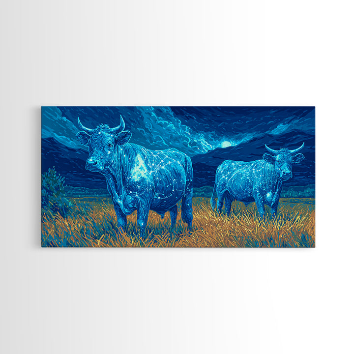 Glowing Blue Bulls In Moonlit Field Wall Art, Animal Landscape Painting, Nature Canvas Decor, Rustic Farmhouse Gift For Home