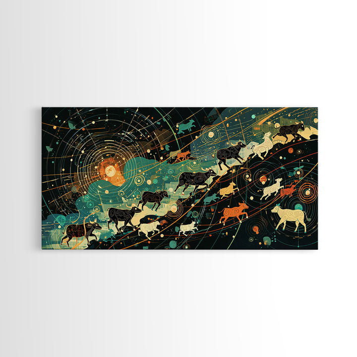 Cosmic Cattle Migration Canvas Print, Abstract Animal Wall Art, Modern Farm Decor, Earth Tone Office Art, Unique Home Gift