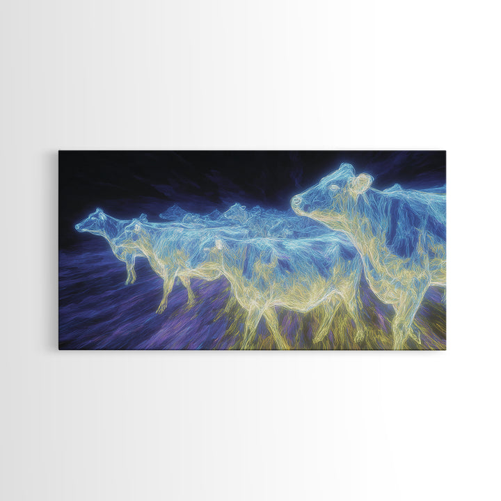 Electric Blue Cows Framed Canvas Print, Glowing Animal Wall Art, Modern Digital Farm Decor, Statement Office Art, Blue Home Decor