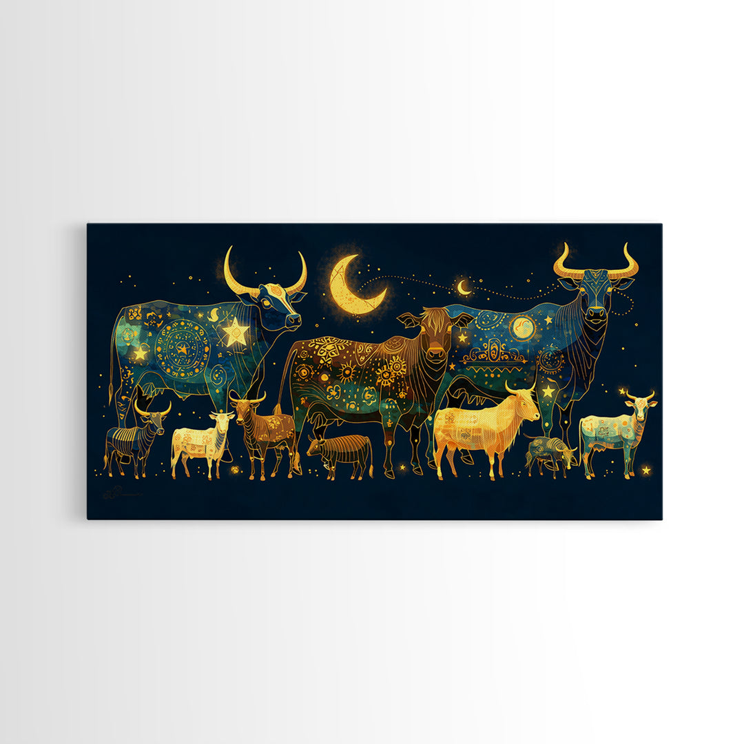 Celestial Folk Cattle And Goats Wall Art, Gold Blue Animal Canvas Decor, Moon Stars Farm Painting, Boho Home Decor Gift For Her
