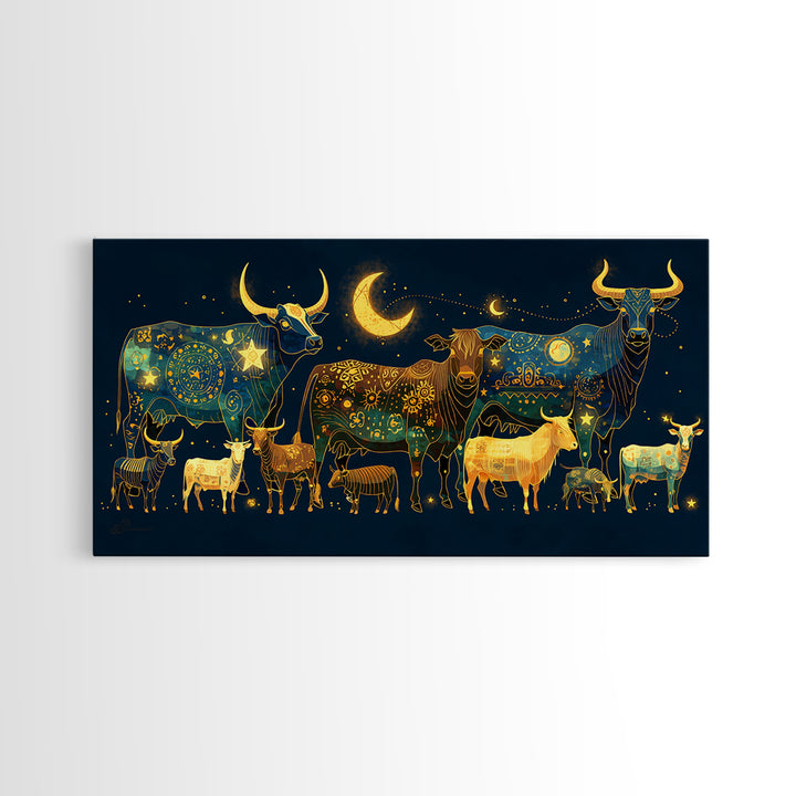 Celestial Folk Cattle And Goats Wall Art, Gold Blue Animal Canvas Decor, Moon Stars Farm Painting, Boho Home Decor Gift For Her