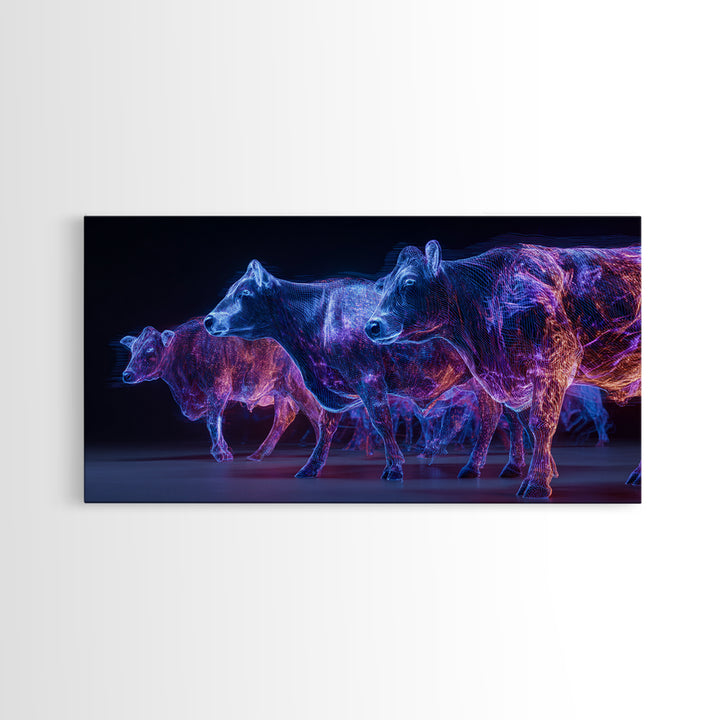 Neon Blue And Purple Cows Canvas Print, Glowing Animal Wall Art, Modern Digital Farm Decor, Bold Office Art, Unique Gift