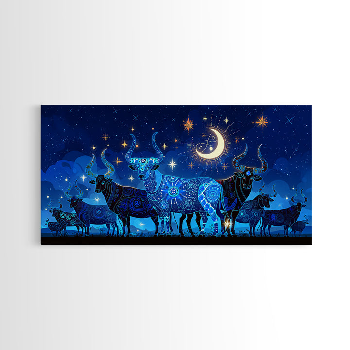 Starry Blue Cattle Under Crescent Moon Wall Art, Celestial Animal Canvas Decor, Night Sky Painting, Boho Home Decor Gift