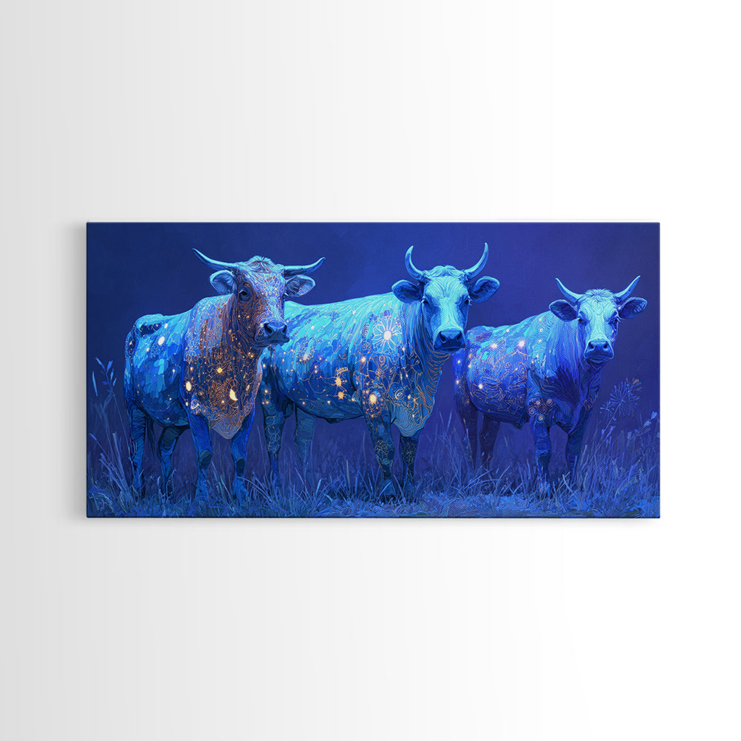 Glowing Blue African Cattle Under Moonlight Canvas Print, Safari Animal Wall Decor, Modern African Art, Blue Living Room Art
