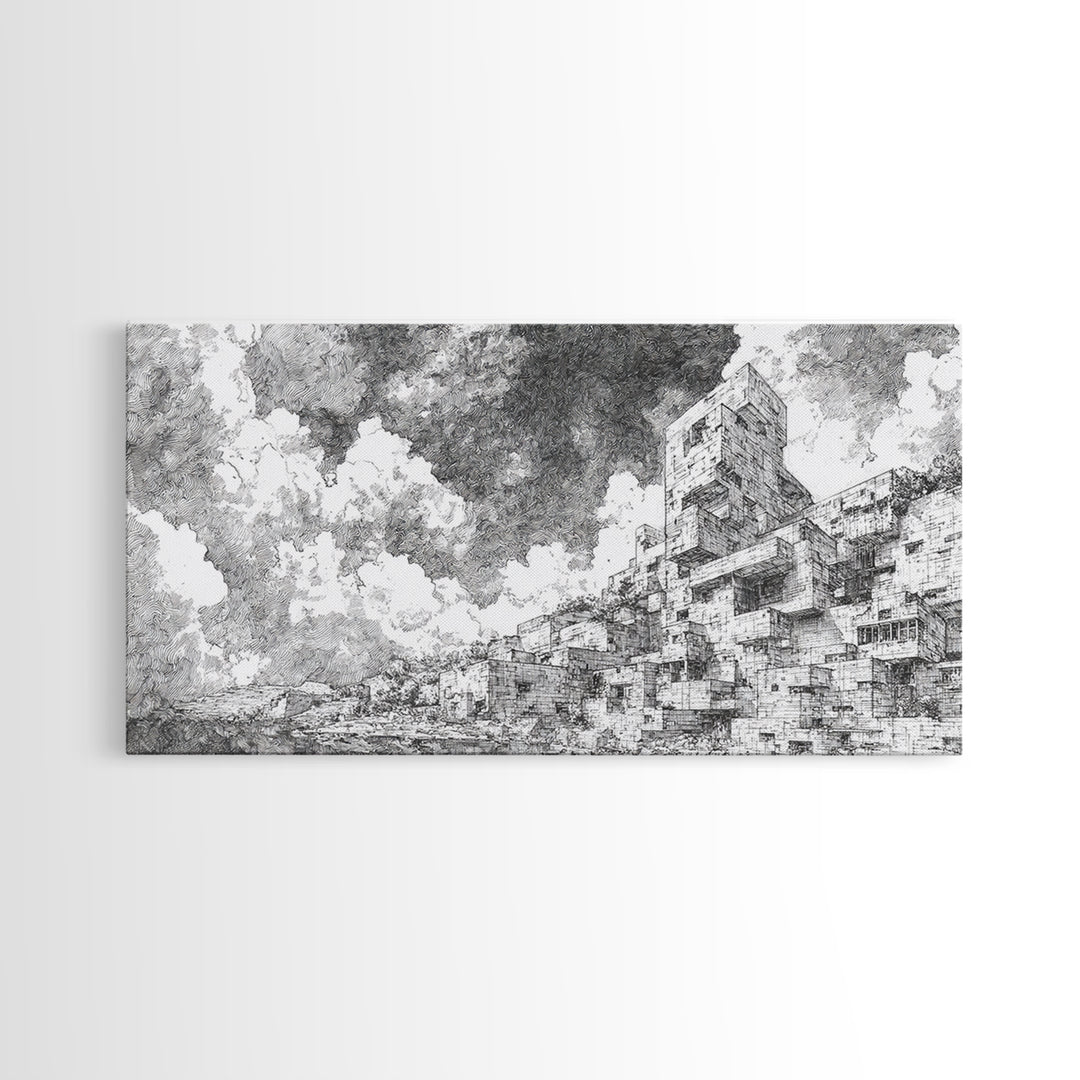 Black And White African City Sketch Wall Art, Urban Landscape Drawing, Minimalist Architecture Print, Modern Home Office Decor