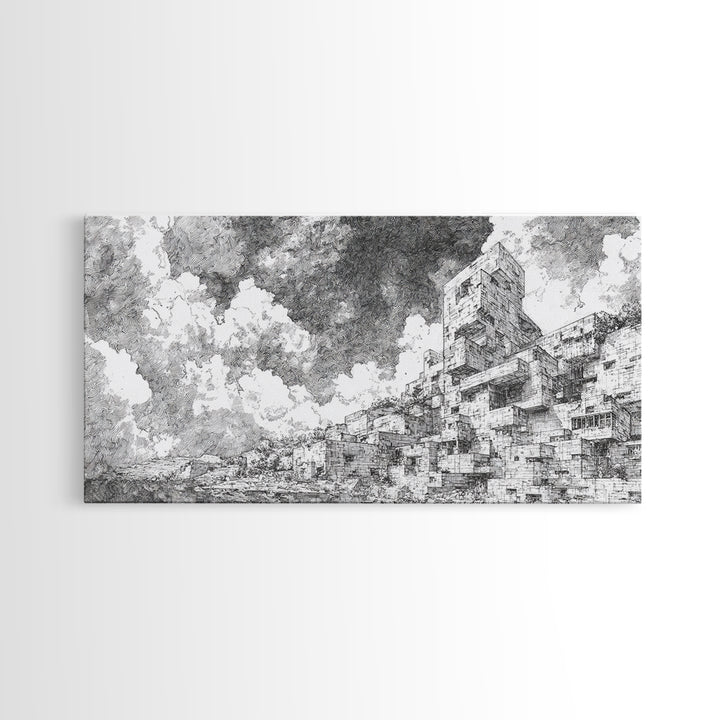 Black And White African City Sketch Wall Art, Urban Landscape Drawing, Minimalist Architecture Print, Modern Home Office Decor