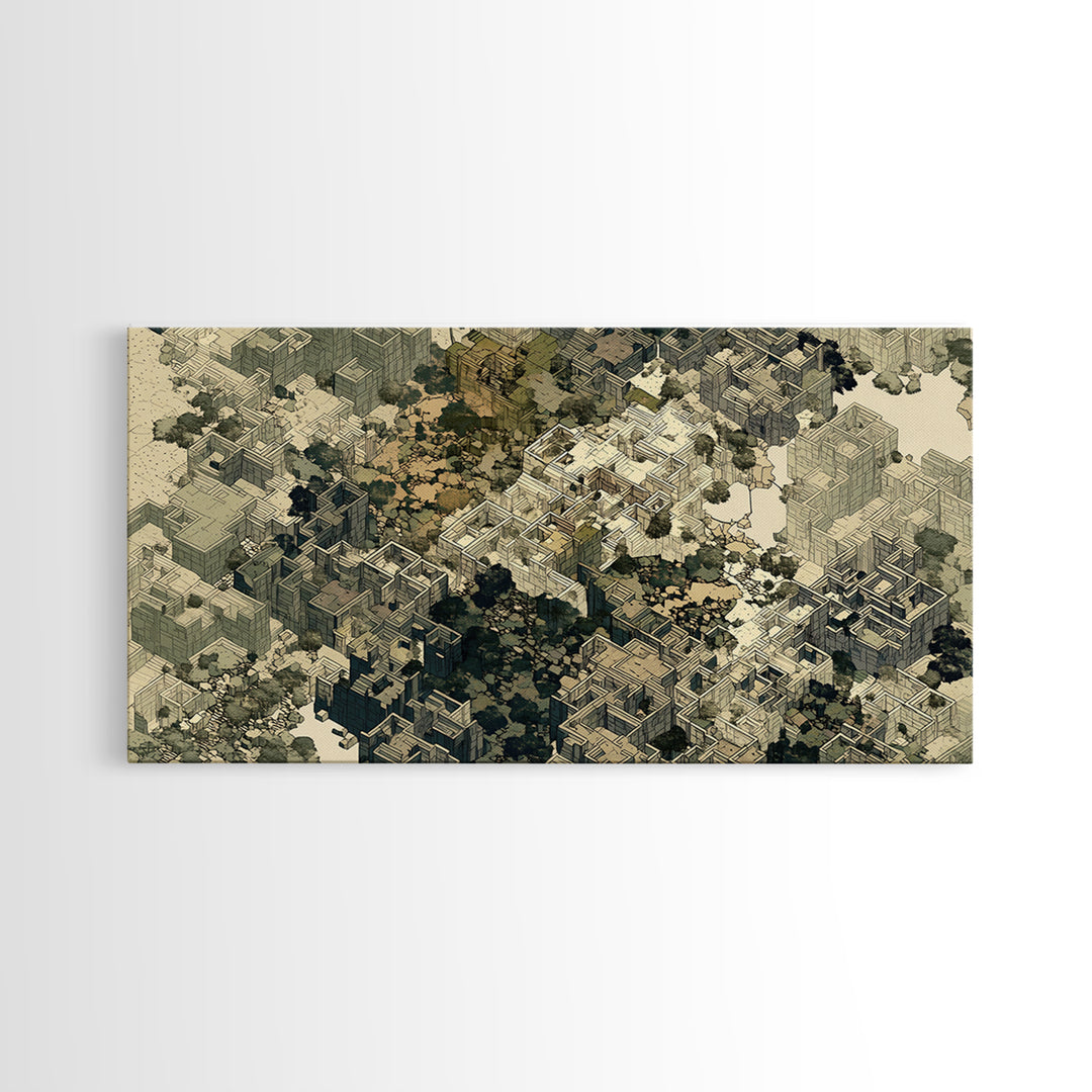 Sepia Isometric Floating City Canvas Print, African Inspired Urban Architecture, Abstract Wall Decor, Modern Office Art Gift