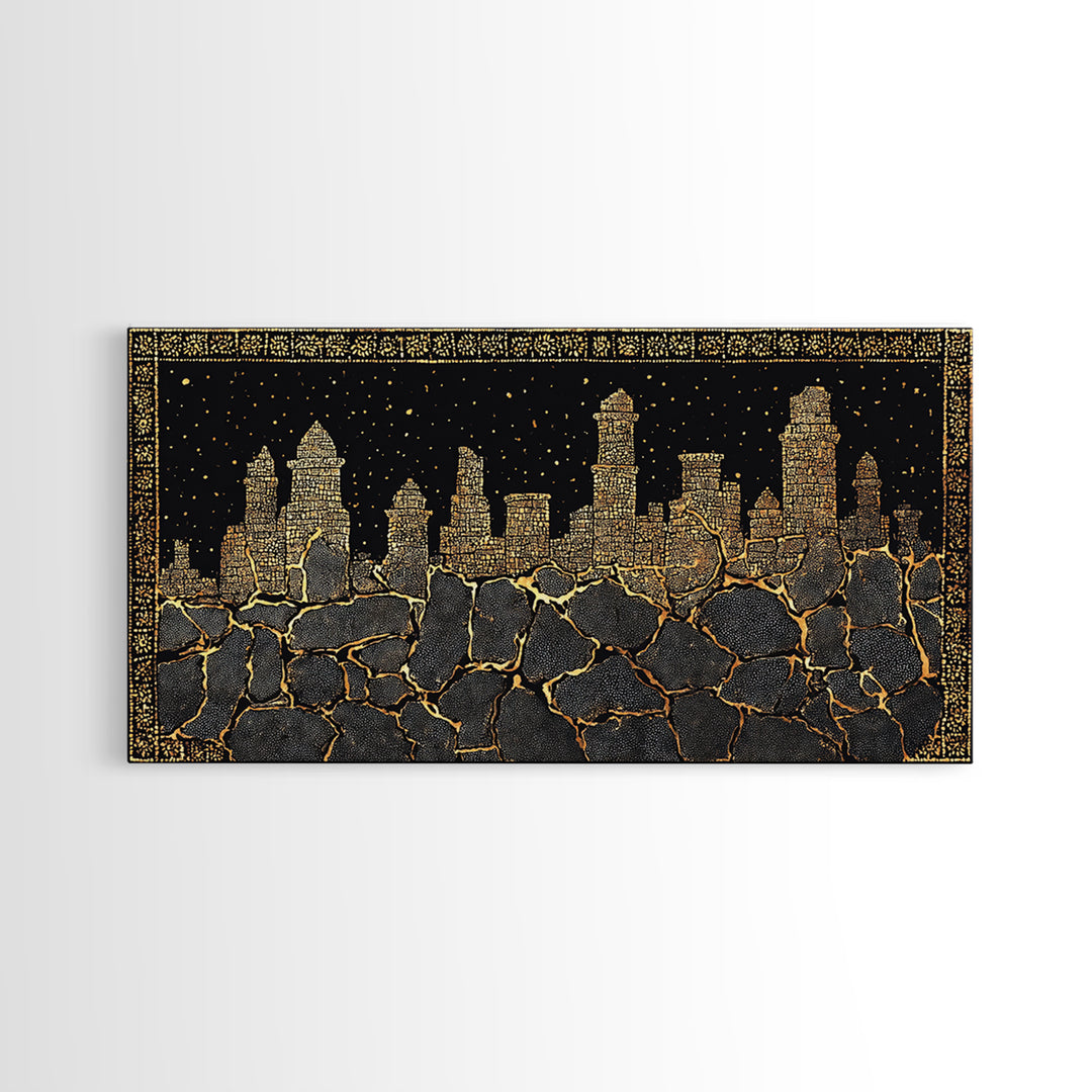 Black Gold Skyline And Cracked Earth Wall Art, African Inspired Cityscape, Luxury Canvas Decor, Bold Statement Home Decor