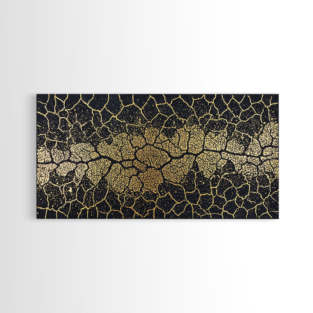 Black Gold Cracked Mosaic Wall Art, African Abstract Pattern, Luxury Canvas Decor, Earth Tone Statement Piece For Living Room